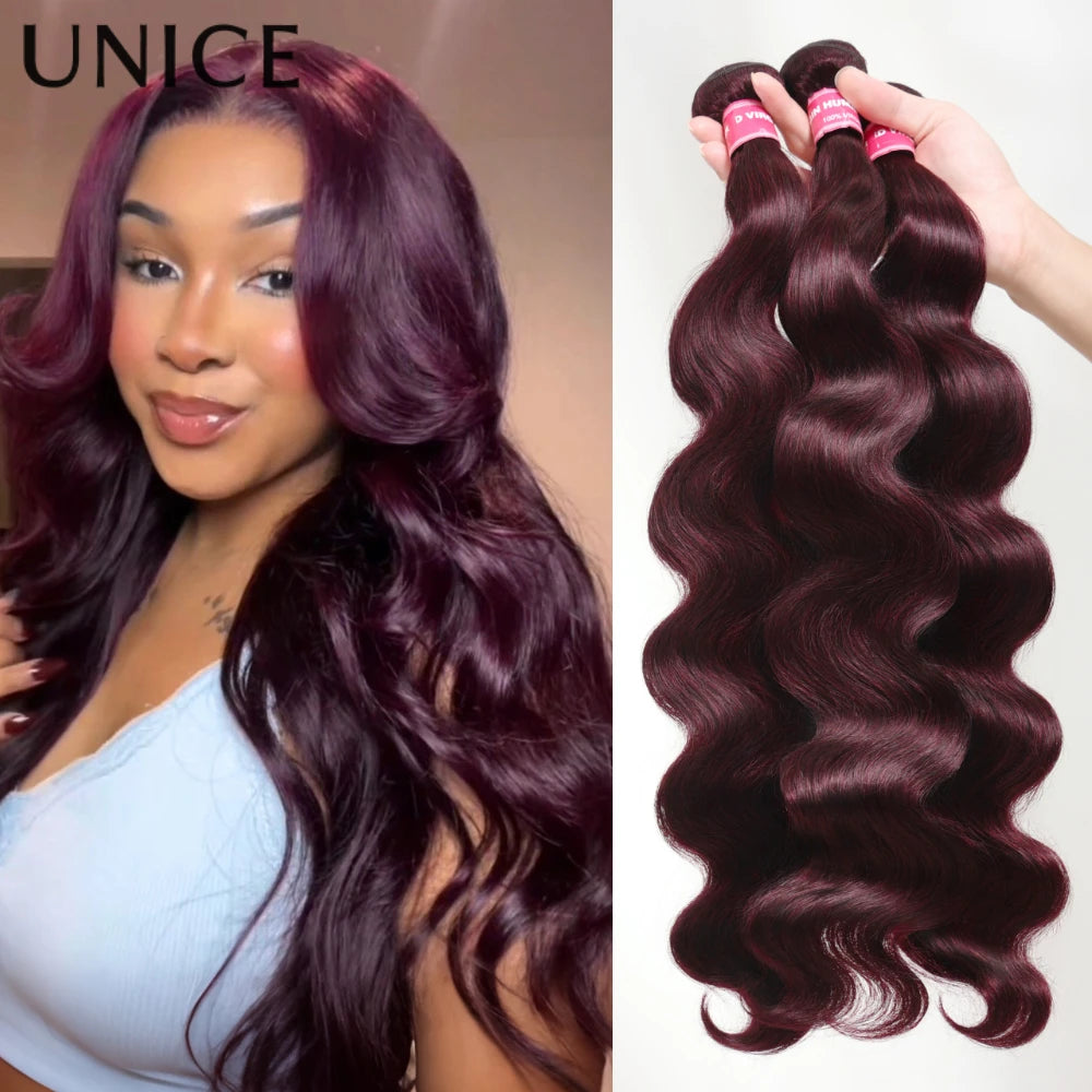 UNice Hair Black Cherry Body Wave Human Hair Bundles 2/3/4 PCS With 1PC Free Part 4x4 Inch Lace Closure