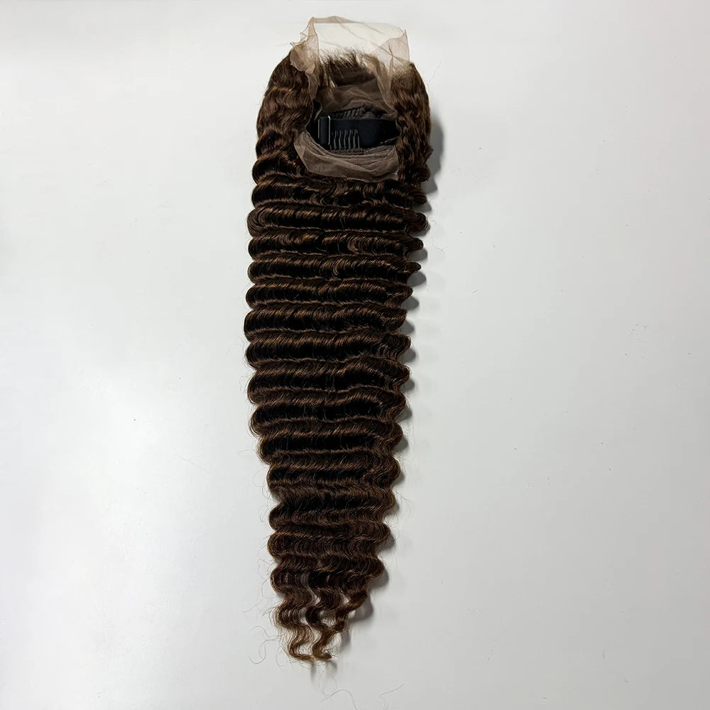 250% Density Deep Wave Curly Human Hair Wig Chocolate Brown 13x4 Transparent Lace Frontal 100% Human Hair Wig For Black Women