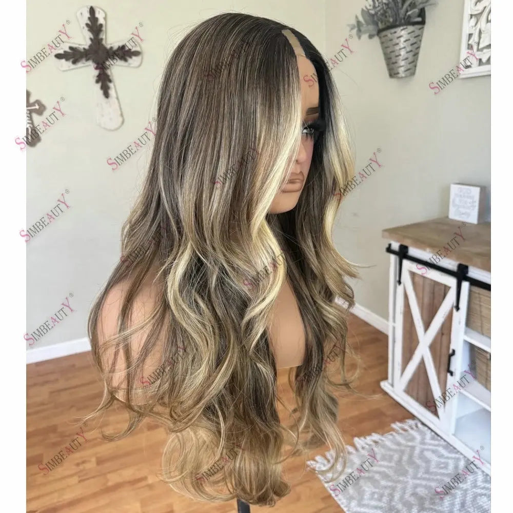 Brown Highlight Blonde U Part Wig Human Hair Adjustable Natural Body Wave 1*4 Size V Part Wig Human Hair Easy Wear for Women