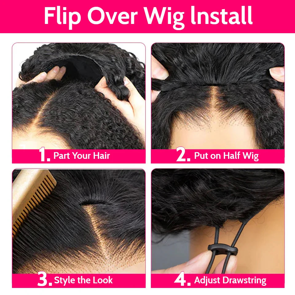3 in 1 Burmese Curly Half Wig 250 Density Glueless Flip Over Half Wig with Drawstring Spiral Curly Ends Isee Human Hair Wigsi