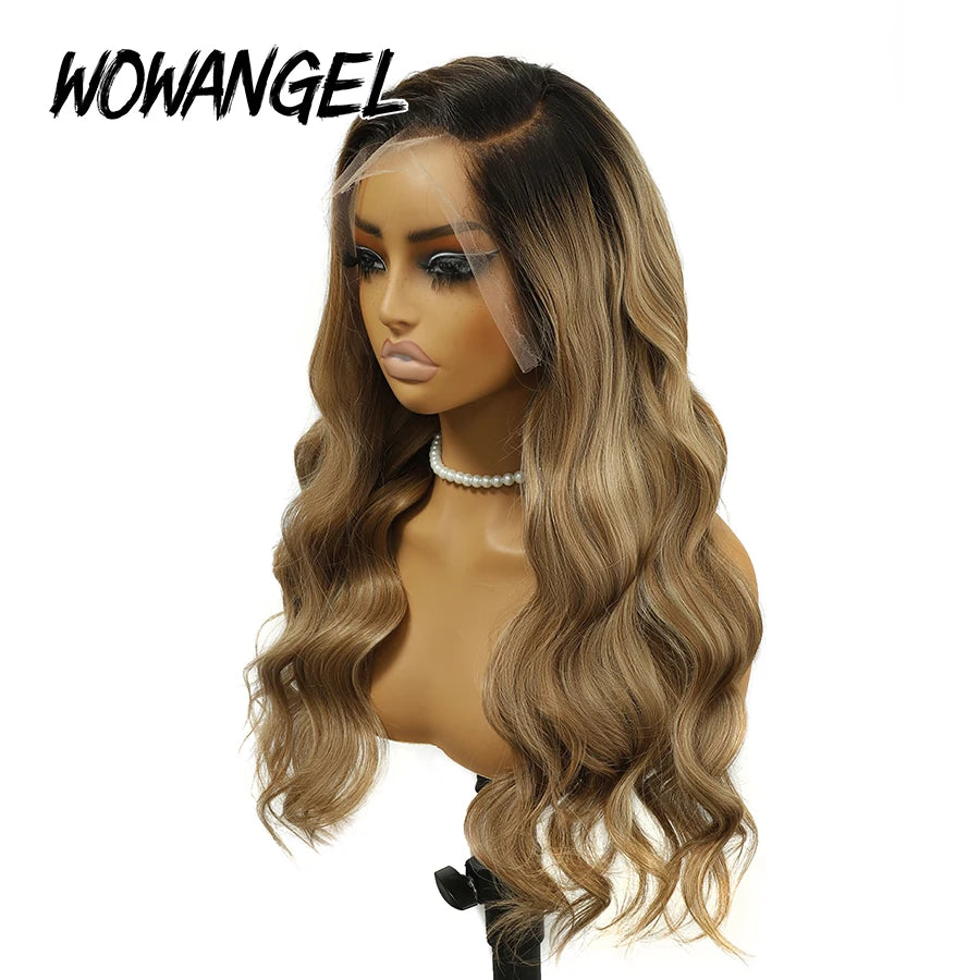 WOWANGEL Honey Blonde Balayage Body Wave Lace Front Wigs Dark Root Ombre Human Hair Wigs 13x6 HD Lace Glueless Wigs Pre Plucked