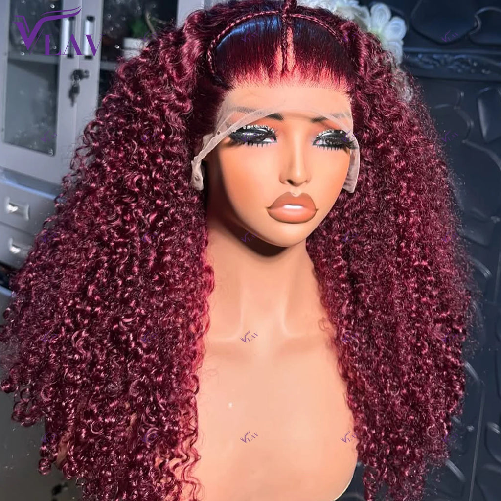 450 Density Glueless Wig Burgundy Colored Kinky Curly 13x6 HD Lace Front Human Hair Wig 99J Colored Human Hair Wig Wear And Go