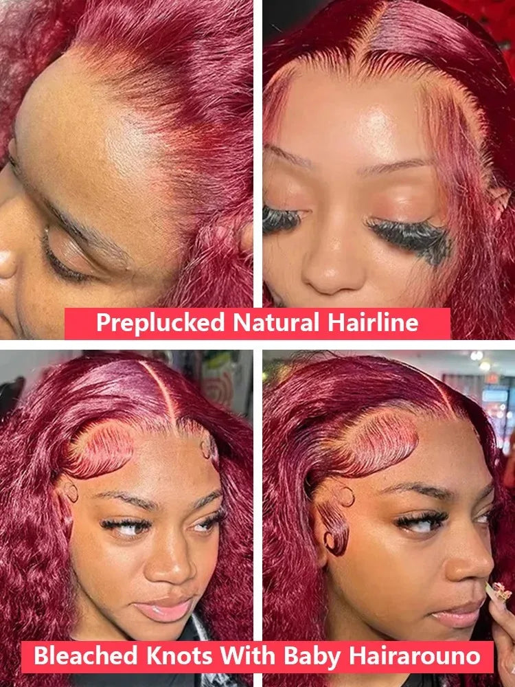 250 Density Human Hair 40 Inch 99J Burgundy Deep Wave 13x4 Lace Frontal Wig Red Wine Water Curly 13x6 HD Lace Front Wigs