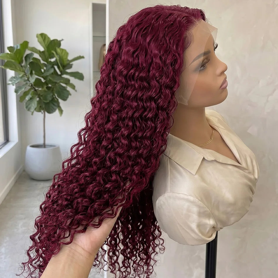 250 Density Human Hair 40 Inch 99J Burgundy Deep Wave 13x4 Lace Frontal Wig Red Wine Water Curly 13x6 HD Lace Front Wigs