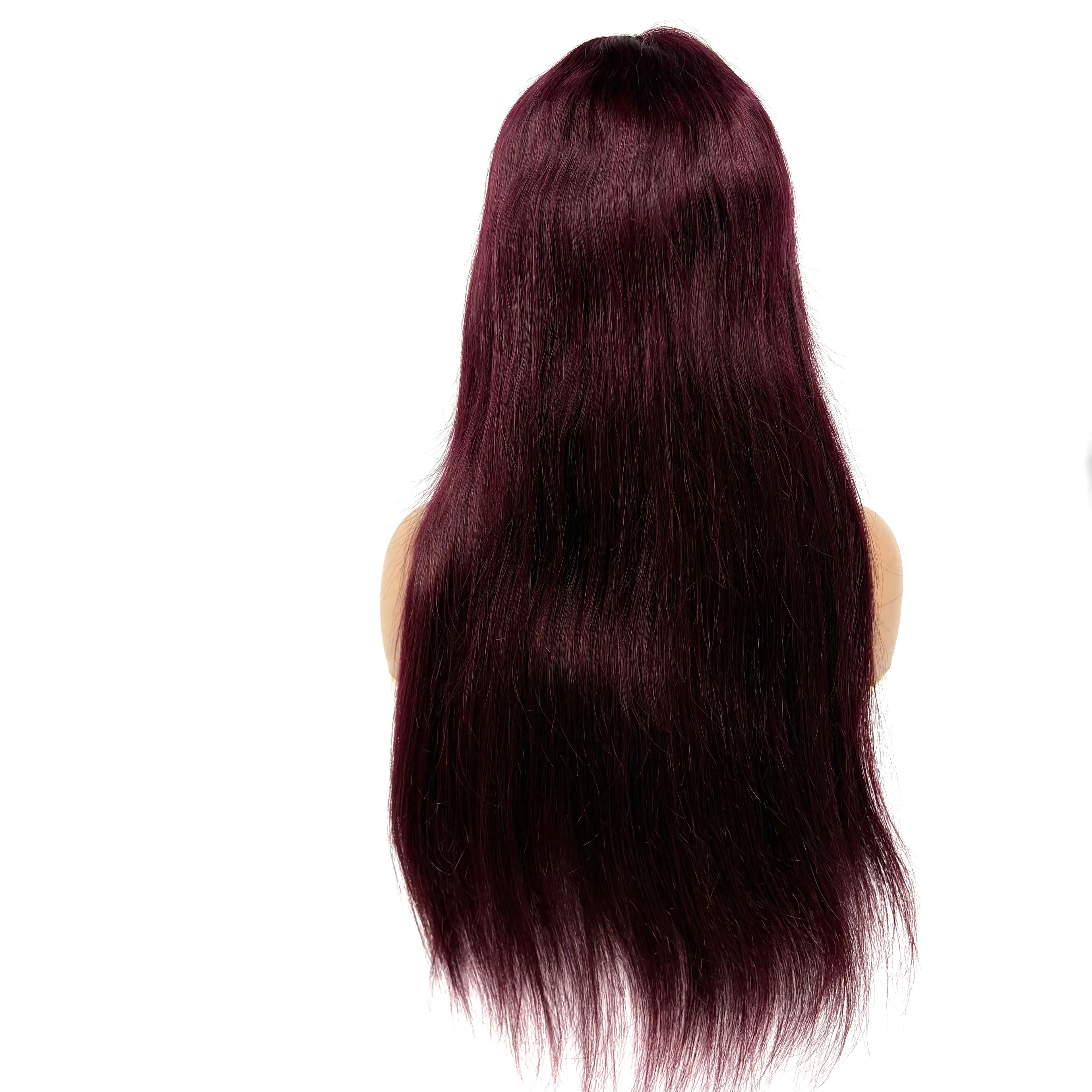 Burgundy 99J#Straight Human Hair Wig With Bangs Fringe 2x3 Transparent Lace Closure Bone Straight Remy Hair Wig for Black Women