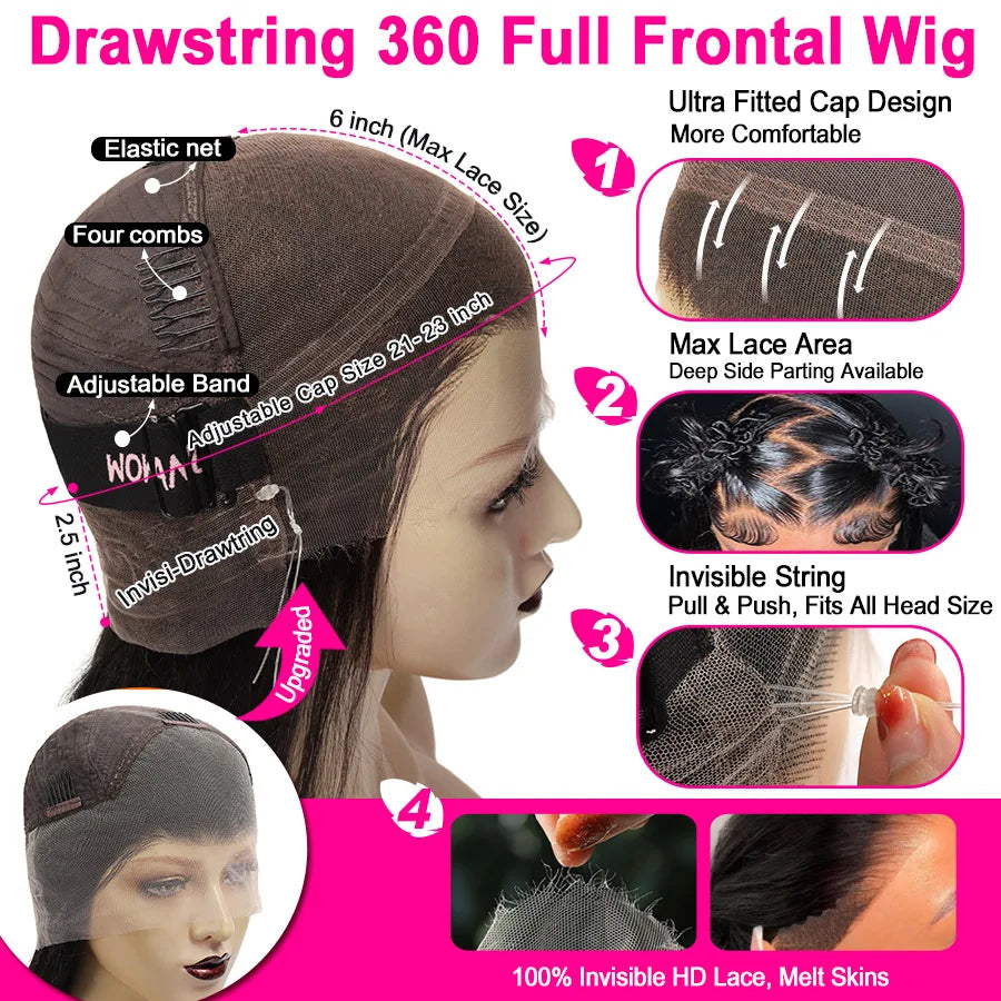 Invisi Drawstring 360 HD Lace Front Wigs Burmese Curly Glueless Full Frontal Wigs Human Hair Hidden Strap Wave Brazilian Hair