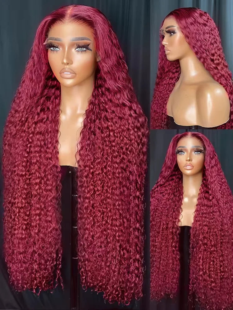 250% Density 99J 13x4 HD Lace Front Human Hair Wigs Burgundy 30 Inch Deep Wave Peruvian Curly Glueless Lace Frontal Closure Wigs