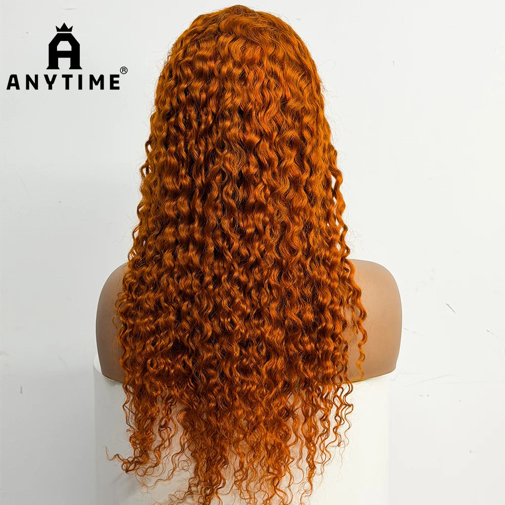 22 inches Water Wave Wavy Curly Human Hair 200% Density 13x4 Transparent Lace Front Human Hair Wig Ginger 350 Orange Color