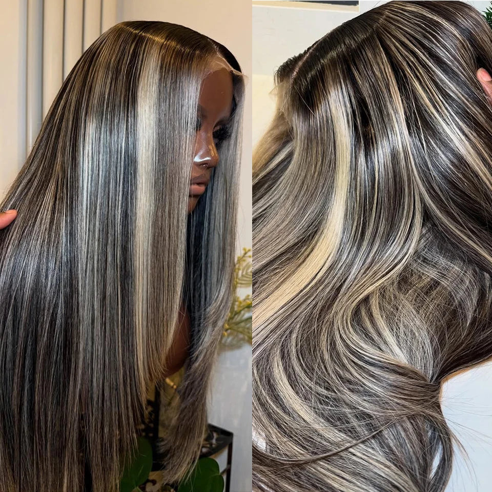 180 Density Stripe 1B 27 Straight Human Hair Wigs Transparent 13x4 13x6 Highlight Ash Blonde Lace Frontal Remy Wig Pre Plucked