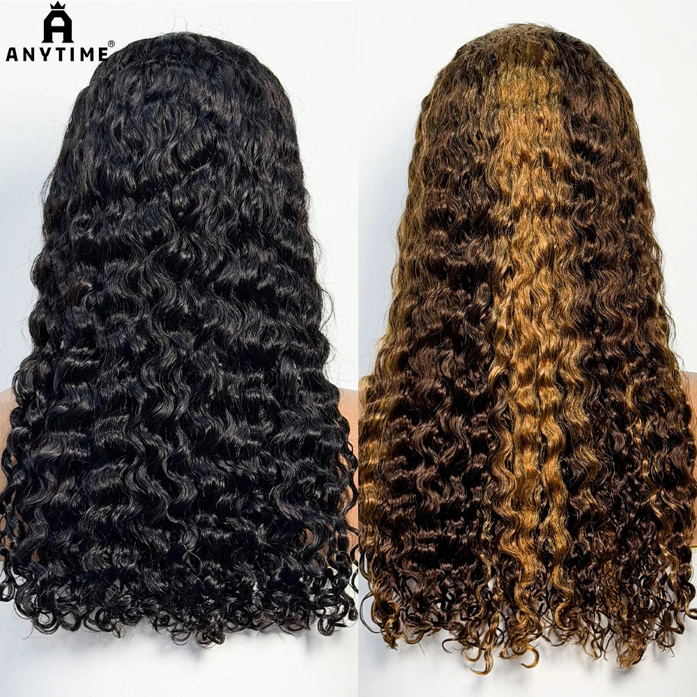 Water Wave Curly Human Hair Wigs 300% Density 13X4 Transparent Lace Frontal Wig 22Inch Natural Highlight Color for Black Women