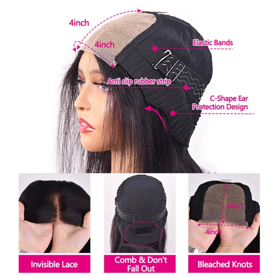 Straight Glueless Wig Human Hair Ready To Wear Short Bob Wigs For Women Transparent Pre Cut Human Hair Wigs Bleached Bye Bye Knots Natural Hairline 100% Human Hair Wigs For Women No Glue Cheap Wigs On Clearance Alianna 4x4 La