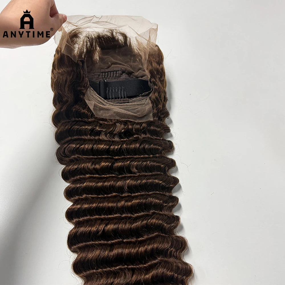 250% Density Deep Wave Curly Human Hair Wig Chocolate Brown 13x4 Transparent Lace Frontal 100% Human Hair Wig For Black Women