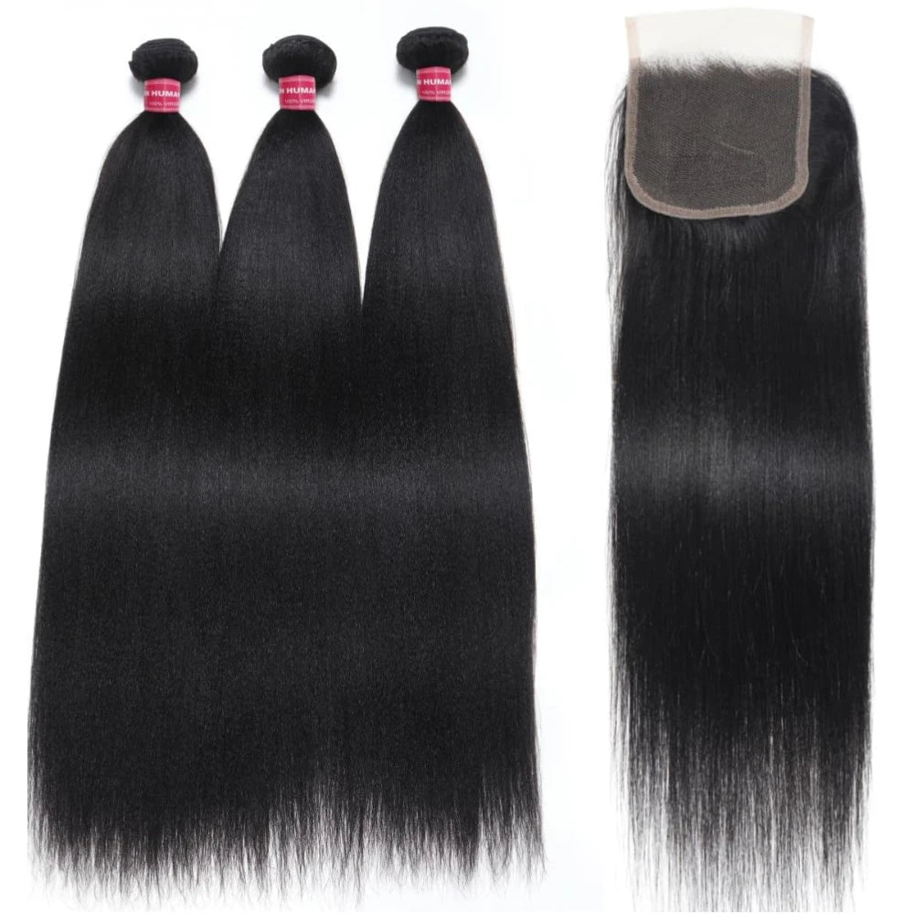 UNice Hair Yaki Straight  Human Hair Bundles 2/3/4 PCS With 1PC Free Part 4x4 Inch Lace Closure