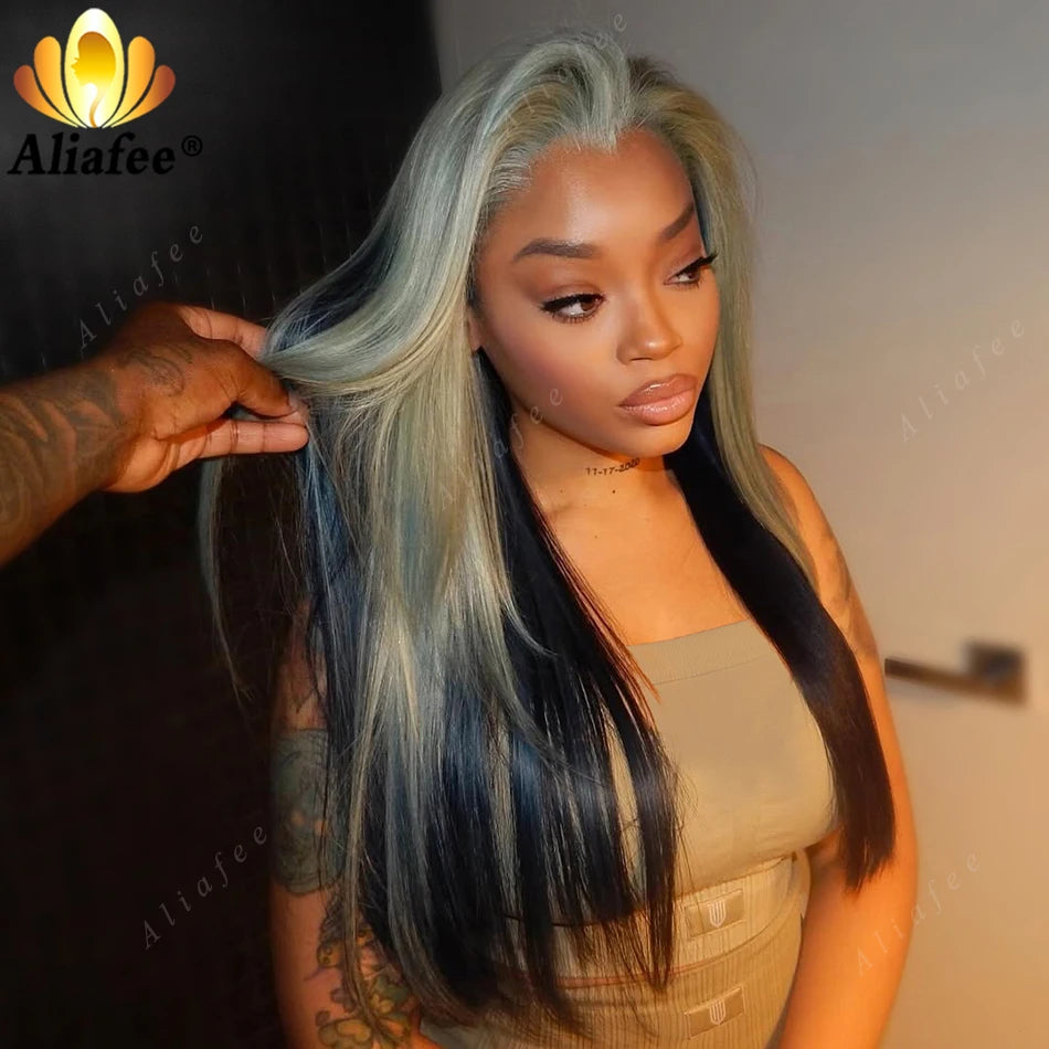 Gray with Dark Blue Straight 180% Density 13x6 Lace Frontal Wigs Human Hair for Women Ombre Colored 13x4 Straight Lace Front Wig