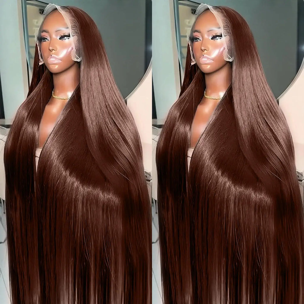Premium Chocolate Brown Colored 13x4 HD Lace Front Human Hair Wigs 46 Long Inch Raw Indian Straight Human Hair Frontal Wigs