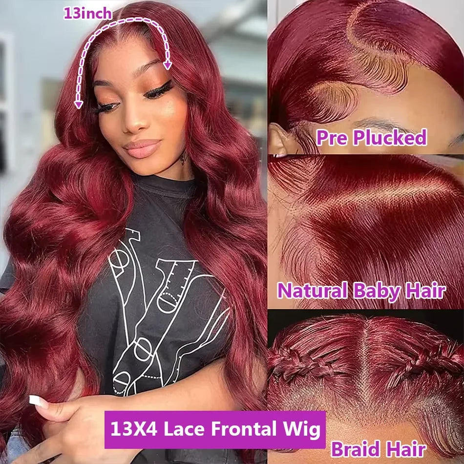 250%Density Body Wave 99j Burgundy Red Wig Human Hair 13x4 13x6 HD Lace Frontal Wig Human Hair Pre Plucked Remy Real Human Hair