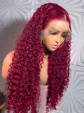 250% Density 99J 13x4 HD Lace Front Human Hair Wigs Burgundy 30 Inch Deep Wave Peruvian Curly Glueless Lace Frontal Closure Wigs