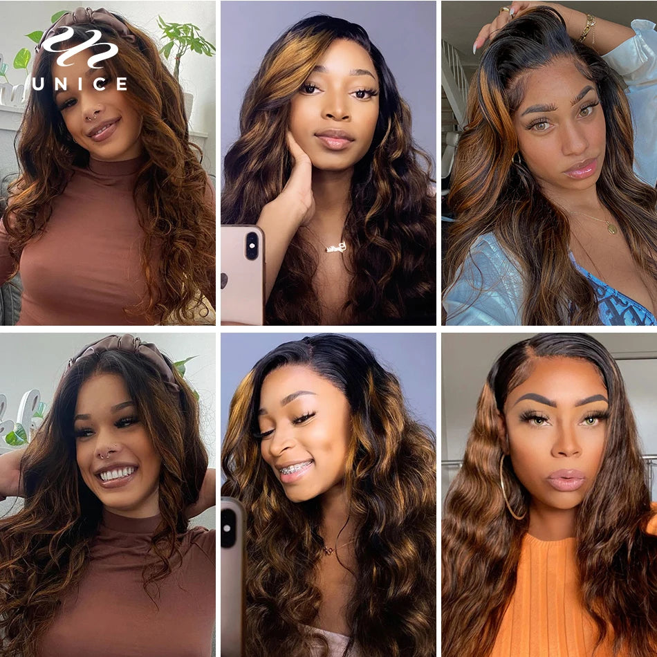 UNICE Hair Brown Balayage Body Wave Human Hair Bundles with Closure Free Part Transparent 4X4 Lace Closure And 2/3/4 PCS Bundles