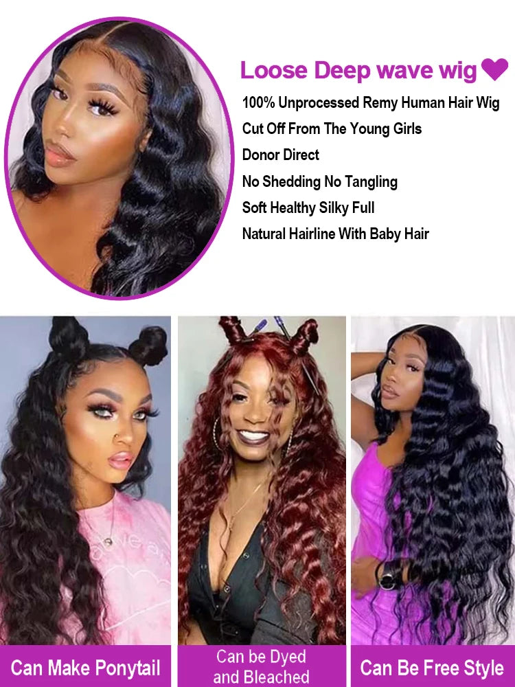 40 Inch HD Loose Deep Wave 13x6 Lace Front Human Hair Wigs Brazilian Curly Water Wavy 13x4 360 HD Transparent Lace For Women 250% High Density Pre Plucked Baby Hair 100% Natural Wave Human Hair Wigs