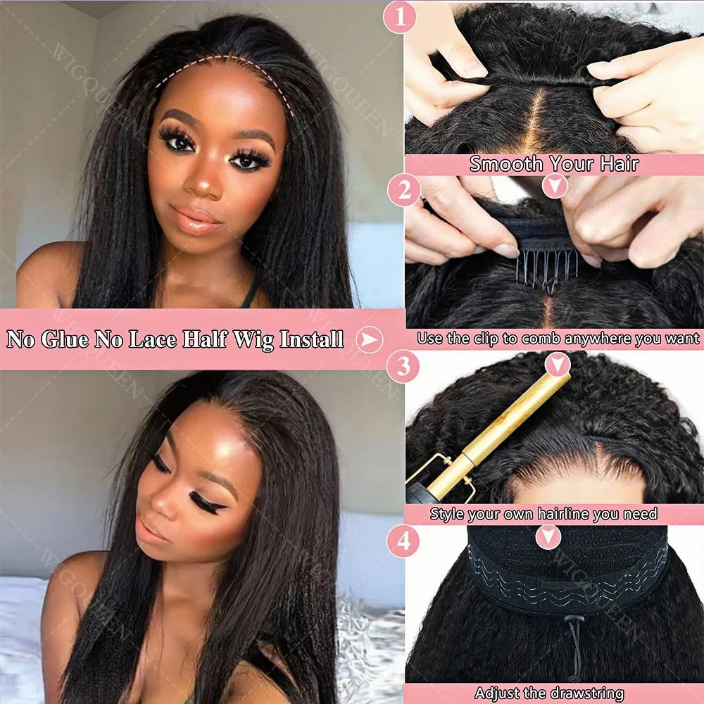 Kinky Straight Glueless Wigs Adjustable Drawstring 3 IN 1 Half Wigs Human Hair 250% Snug Fit No Leave Out Clip-in Yaki Wave Wigs