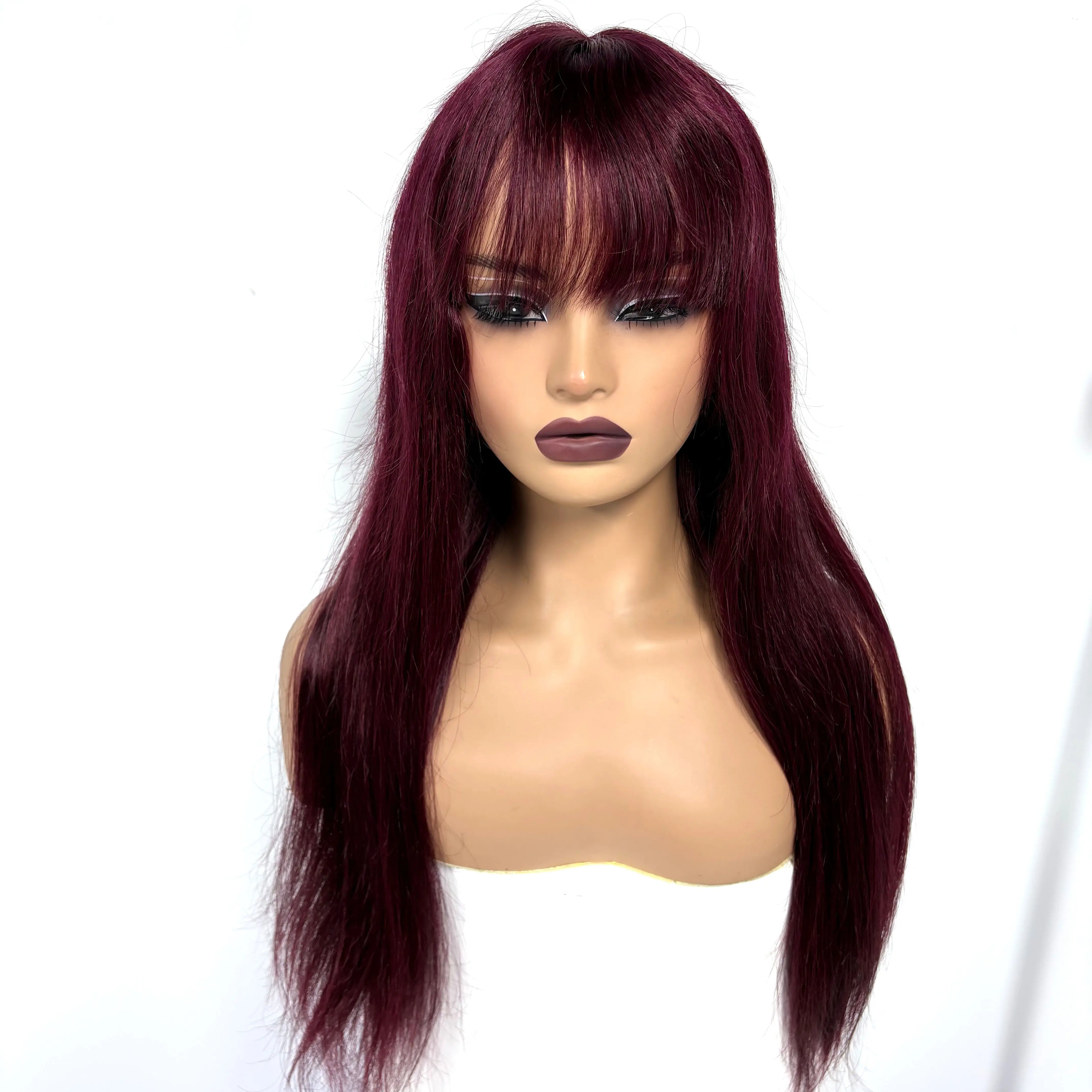 Burgundy 99J#Straight Human Hair Wig With Bangs Fringe 2x3 Transparent Lace Closure Bone Straight Remy Hair Wig for Black Women