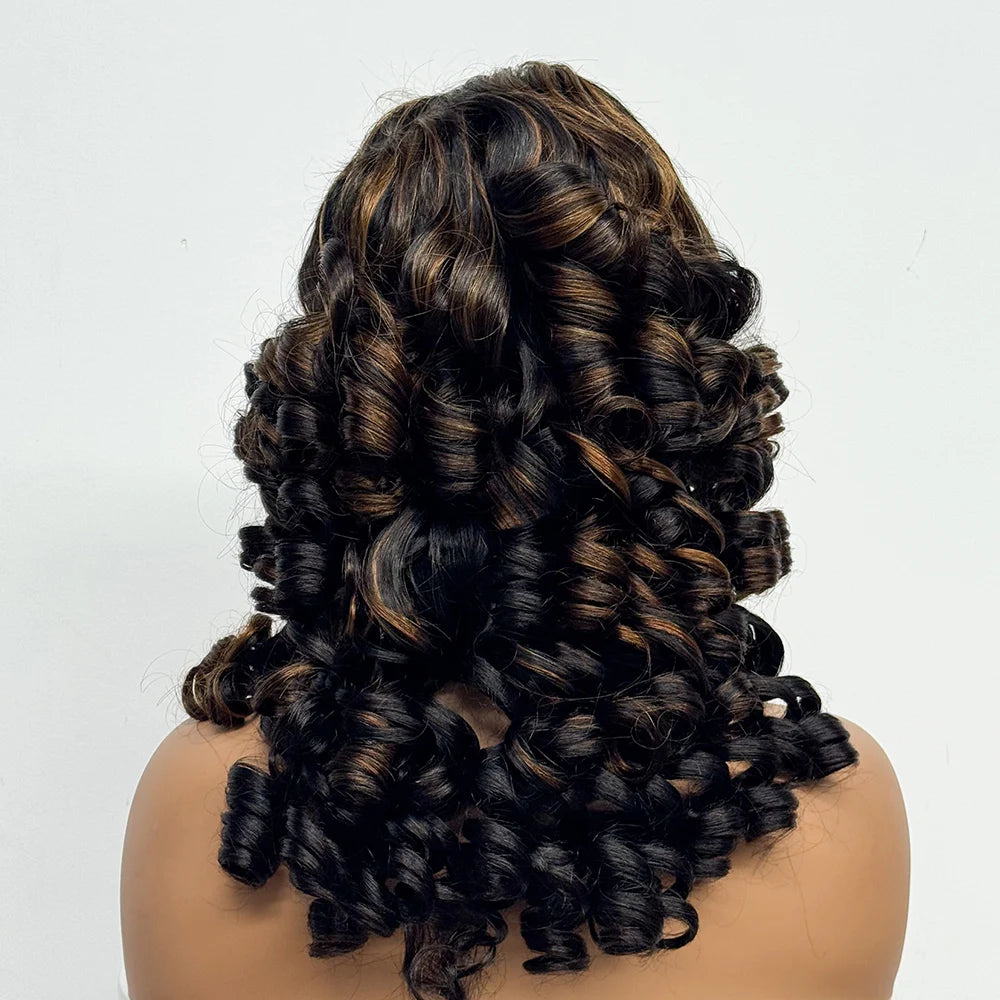 300% Density 4x4 Transparent Lace Closure Loose Bouncy Wave Wavy Curly Human Hair Wig for Black Women Highlight Color