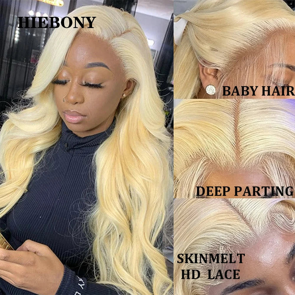 HiEbony Hair 613 Blonde HD Lace Frontal Wigs Straight/Body Wave 250% Density 5x5 6x6 HD Lace Closure Wigs Skin Melt HD Lace Wigs