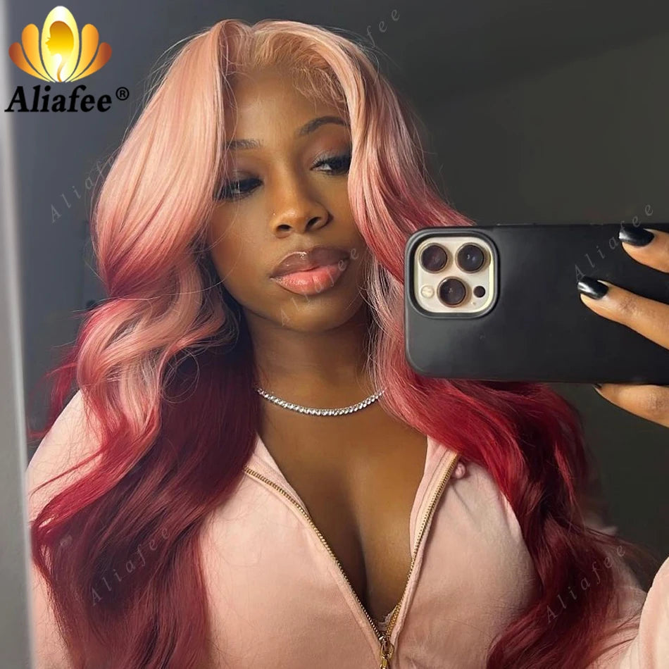 Pink Ombre Red Lace Front Wig Human Hair 13X4 Body Wave Wig HD Transparent Lace Body Wave Wig Colored Virgin Hair Wigs For Women