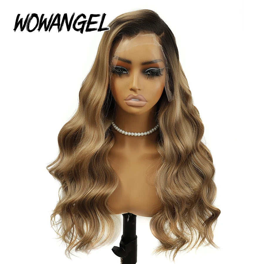 WOWANGEL Honey Blonde Balayage Body Wave Lace Front Wigs Dark Root Ombre Human Hair Wigs 13x6 HD Lace Glueless Wigs Pre Plucked