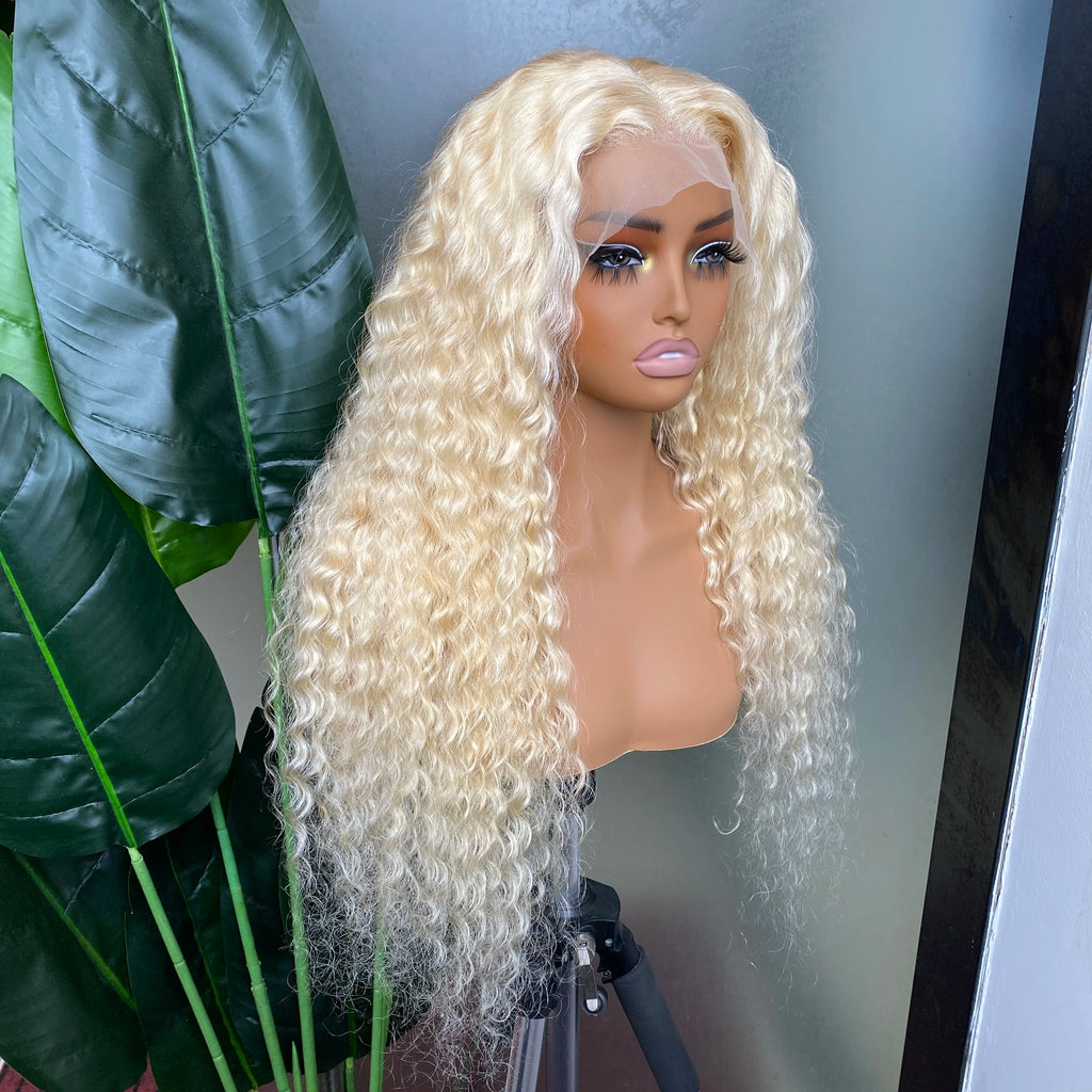 613 Blonde Color Deep Wave 13x4 Transparent Lace Frontal Wig Human Hair with Natural Hairline