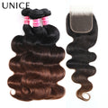 UNice Chestnut Brown Ombre Body Wave Bundles With Closure 100% Human Hair 3 Bundles With 4x4 Lace Closure Make 250% Density Wig