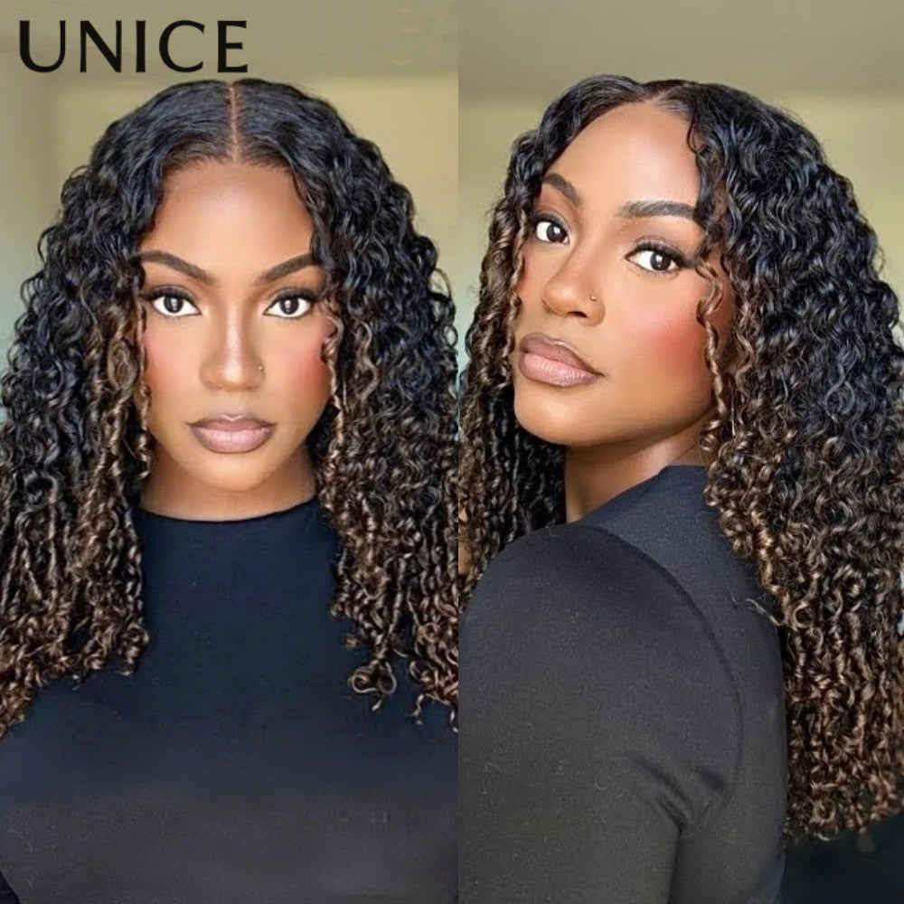 UNice 7x5 Bye Bye Slip™ Glueless Lace Chestnut Brown OmbBurmese Curly Human Hair Wigs With Finger Coil Ends & Drawstring