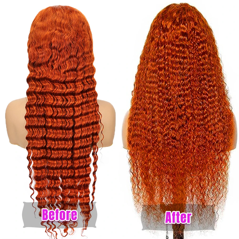 30-36 Inch Orange Ginger Deep Wave Human Hair Wig 13x4 13x6 HD Lace Curly Wave Color Lace Frontal Human Hair Wigs For Women 4x4