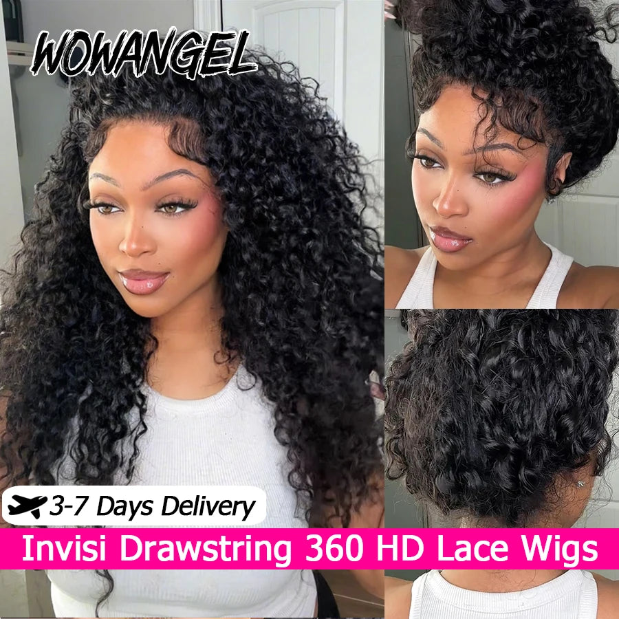 Invisi Drawstring 360 HD Lace Front Wigs Burmese Curly Glueless Full Frontal Wigs Human Hair Hidden Strap Wave Brazilian Hair