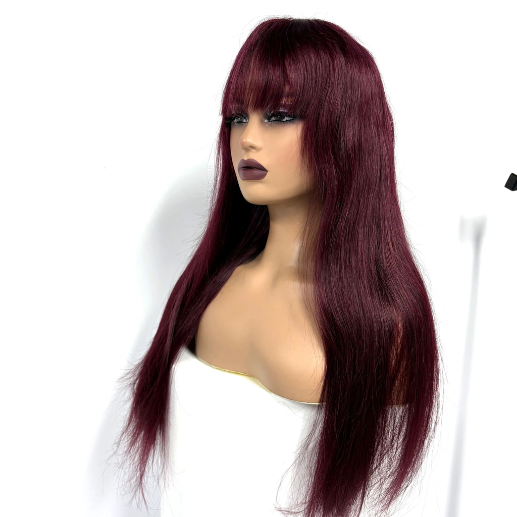 Burgundy 99J#Straight Human Hair Wig With Bangs Fringe 2x3 Transparent Lace Closure Bone Straight Remy Hair Wig for Black Women