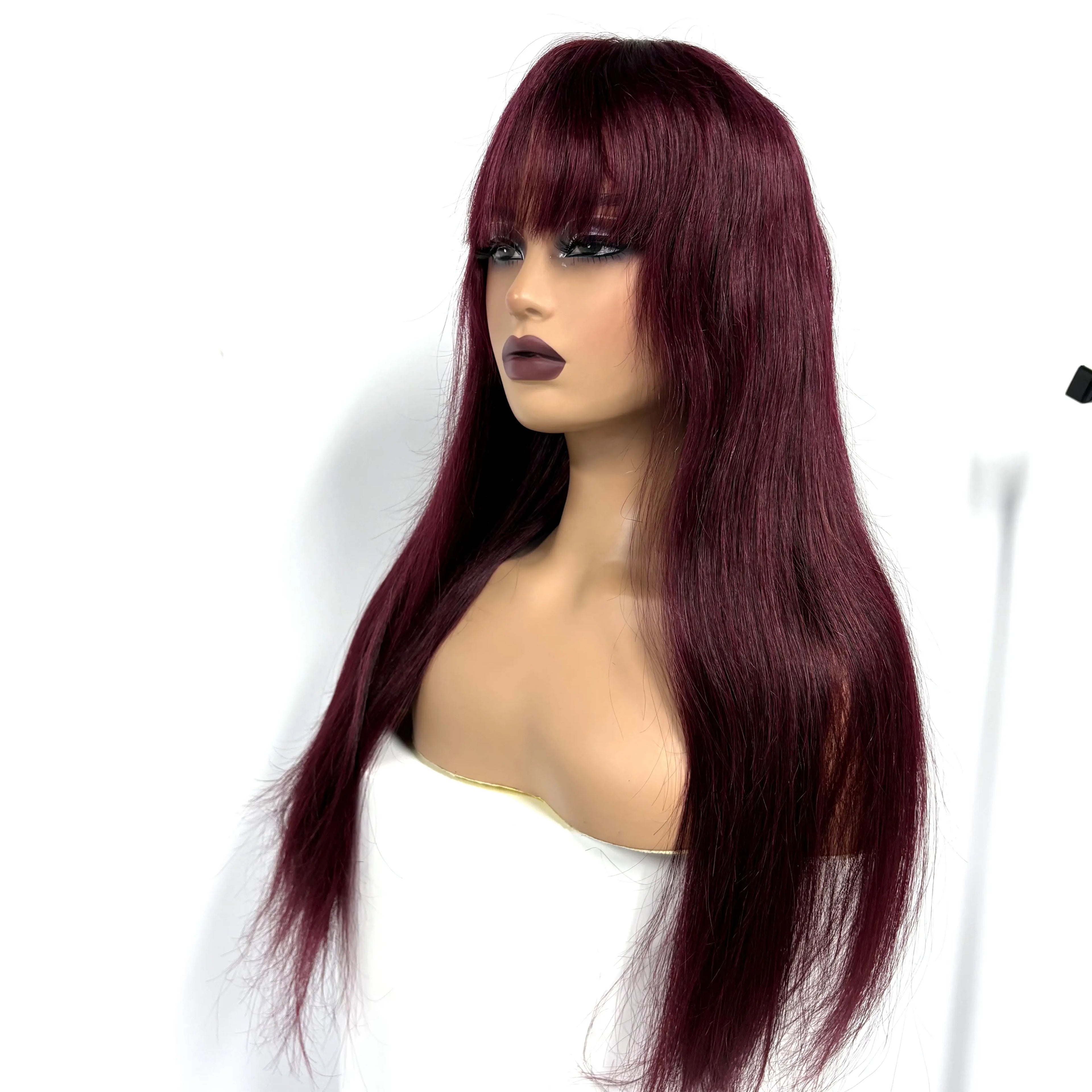 Burgundy 99J#Straight Human Hair Wig With Bangs Fringe 2x3 Transparent Lace Closure Bone Straight Remy Hair Wig for Black Women