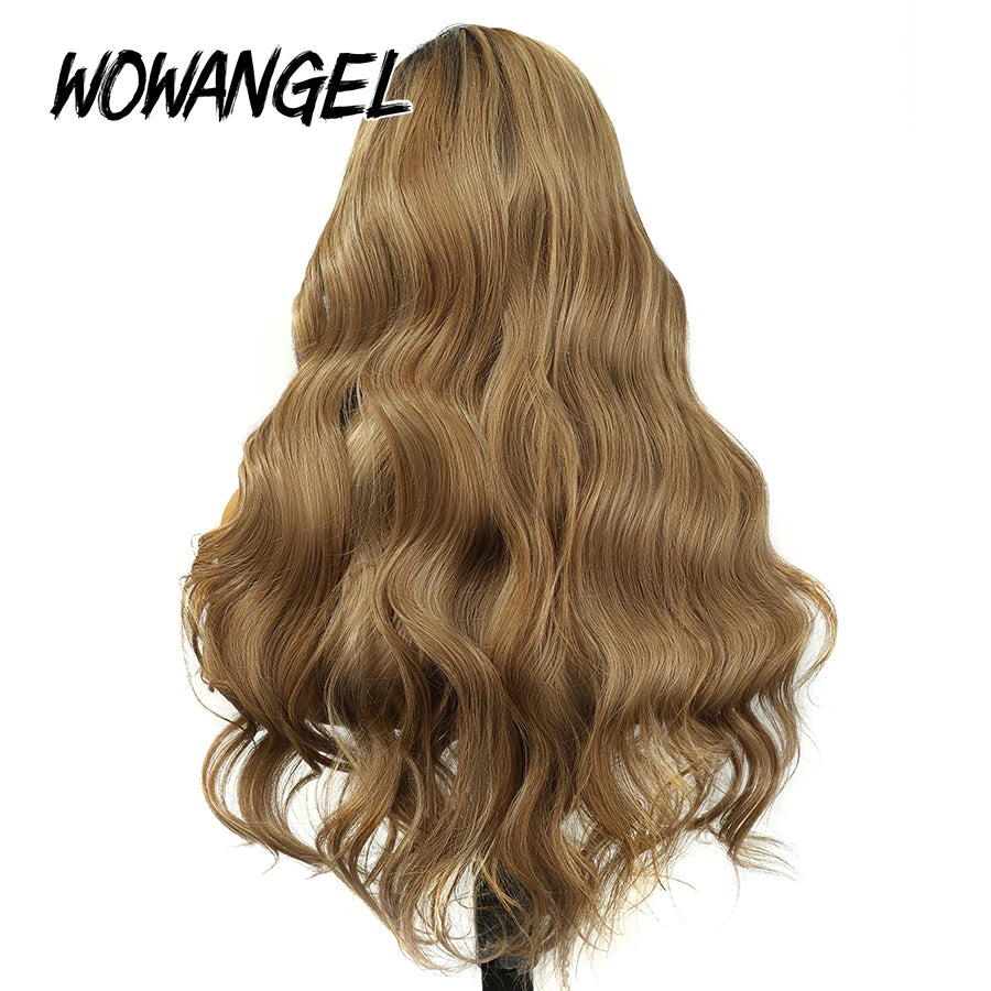 WOWANGEL Honey Blonde Balayage Body Wave Lace Front Wigs Dark Root Ombre Human Hair Wigs 13x6 HD Lace Glueless Wigs Pre Plucked