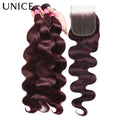 UNICE Hair Black Cherry Body Wave Human Hair 2/3/4 Bundles With 4x4 Lace Closure