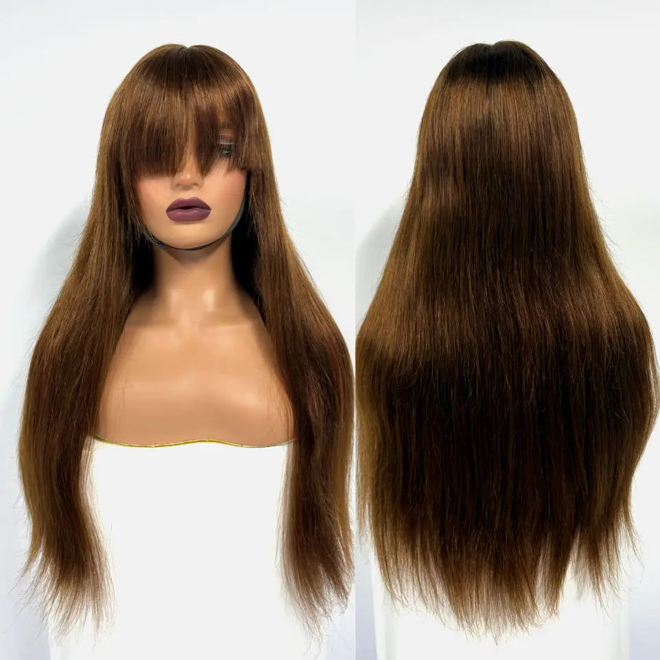 Burgundy 99J#Straight Human Hair Wig With Bangs Fringe 2x3 Transparent Lace Closure Bone Straight Remy Hair Wig for Black Women
