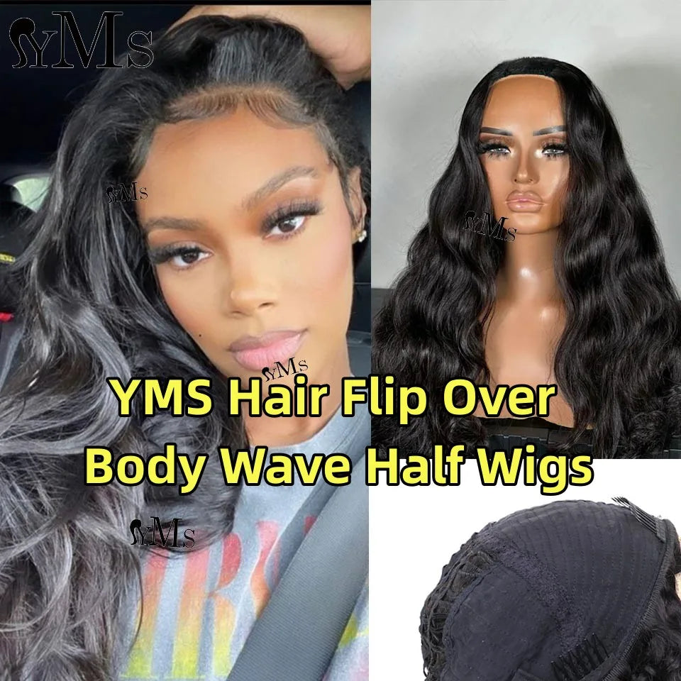Body Wave Flip Over Human Hair Half Wigs YMS Body Wavy Lace Free Half Wig For Women Invisible Natural Wig For Quickly Install