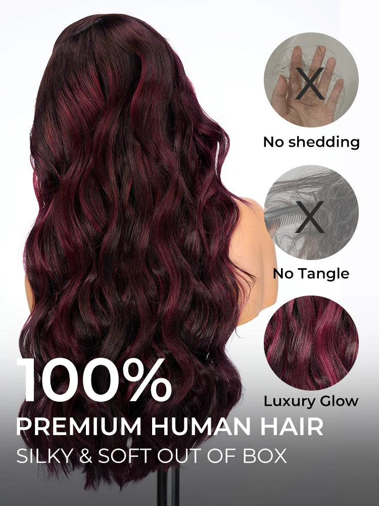 Alipearl Hair Glueless Highlight Wig Red Burgundy Side Part Wig Body Wave Gluless 13x6 Lace Frontal Wig Human Hair