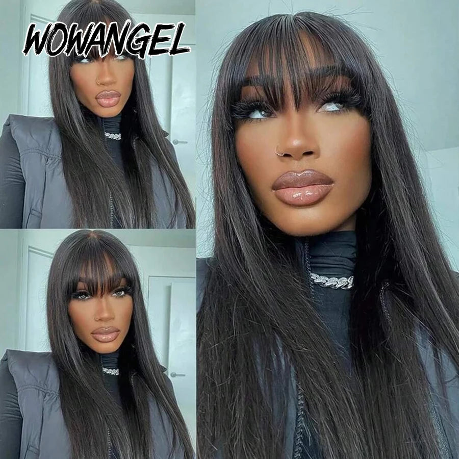 Straight Human Hair Wigs With Bangs 5x5 HD Lace Closure Wigs Human Hair Pre Plucked Glueless Wigs With Natural Scalp For Women