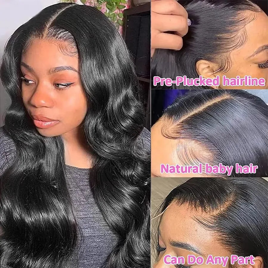 Natural Black 13x4 HD Transparent Lace Front Wig Brazilian Human Hair Wigs Pre-Plucked Body Wave 180% Density Lace Frontal Wig