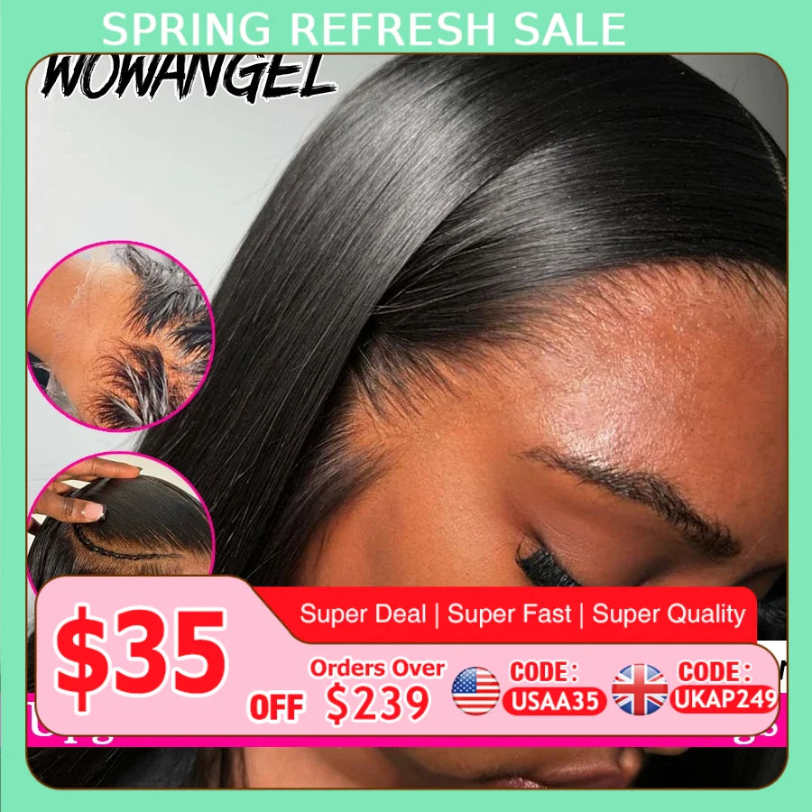 WowAngel 250% Upgraded 13x6 HD Lace Frontal Wigs Glueless Straight Human Hair Wigs Pre Plucked Natural Scalp Brazilian Hair