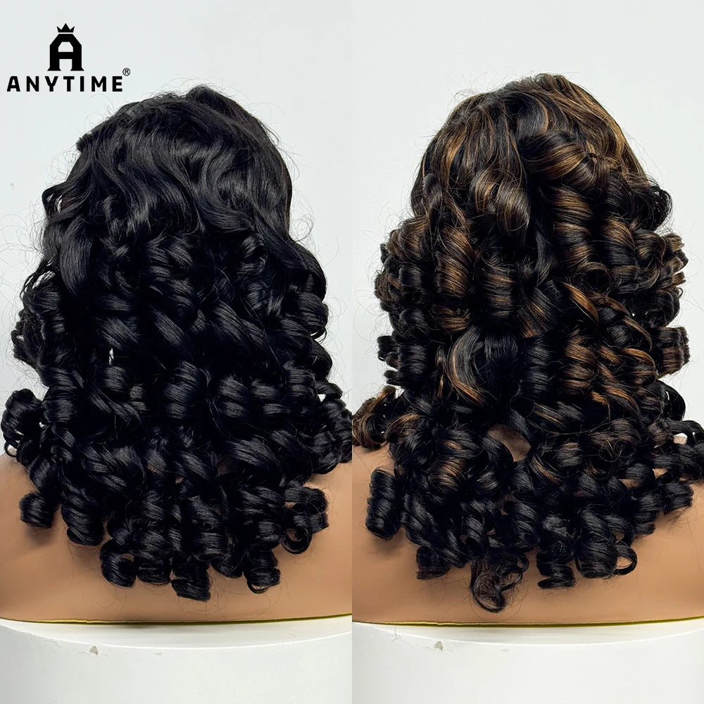300% Density 4x4 Transparent Lace Closure Loose Bouncy Wave Wavy Curly Human Hair Wig for Black Women Highlight Color