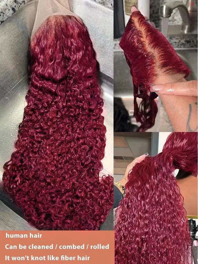 250 Density Human Hair 40 Inch 99J Burgundy Deep Wave 13x4 Lace Frontal Wig Red Wine Water Curly 13x6 HD Lace Front Wigs