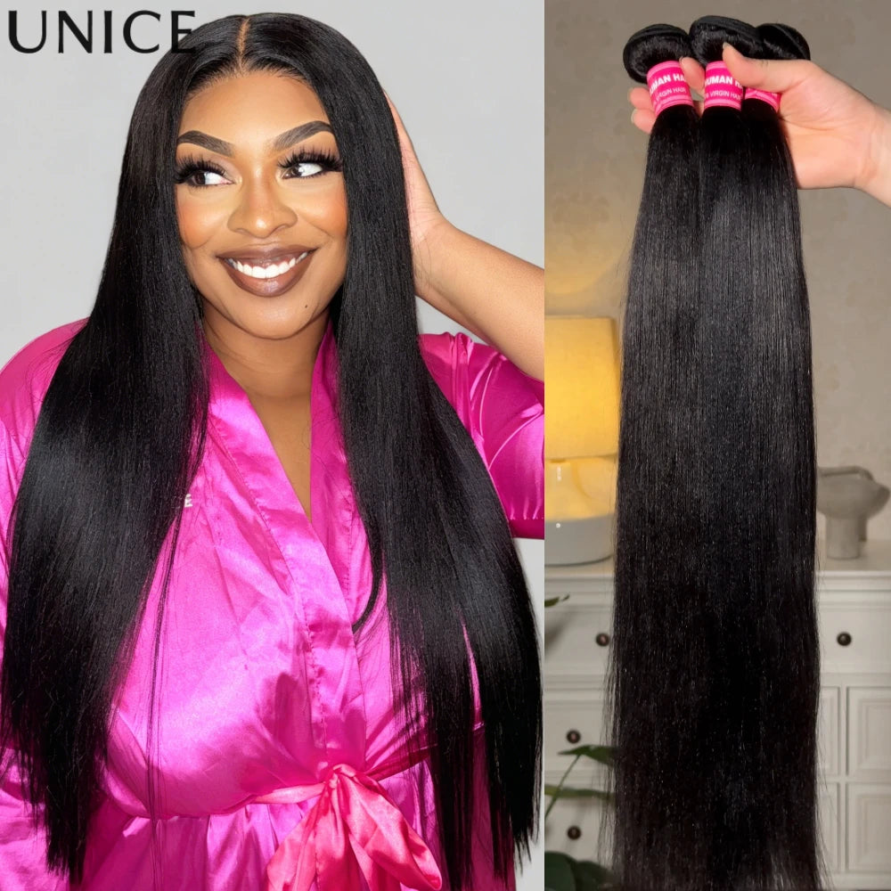 UNice Hair Yaki Straight  Human Hair Bundles 2/3/4 PCS With 1PC Free Part 4x4 Inch Lace Closure