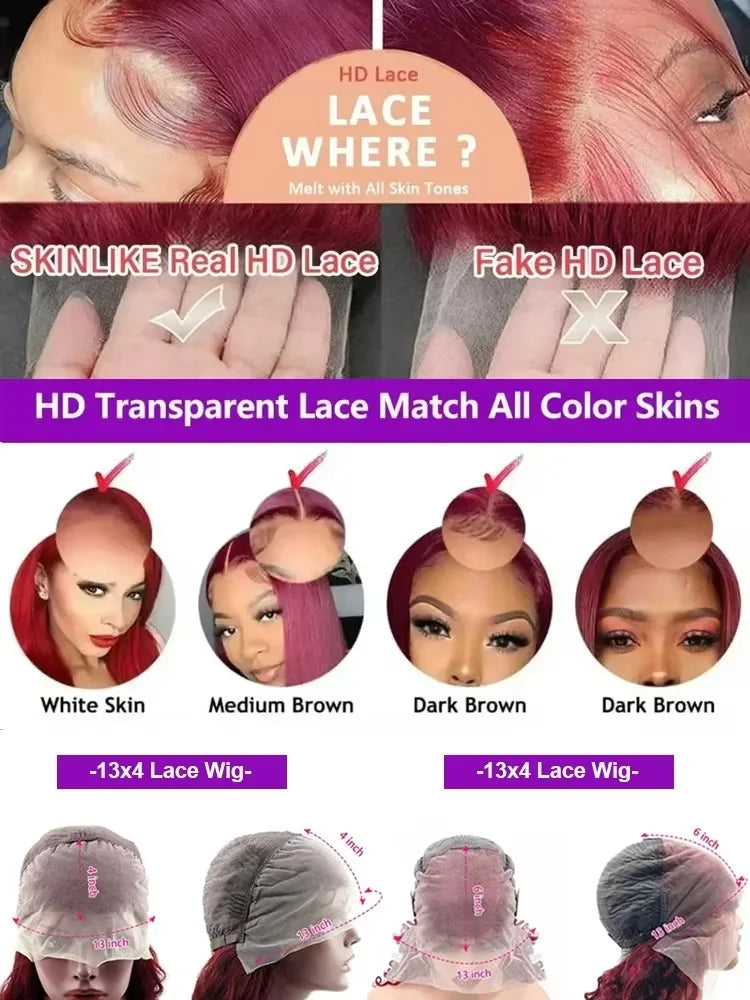 250% Density 99J 13x4 HD Lace Front Human Hair Wigs Burgundy 30 Inch Deep Wave Peruvian Curly Glueless Lace Frontal Closure Wigs