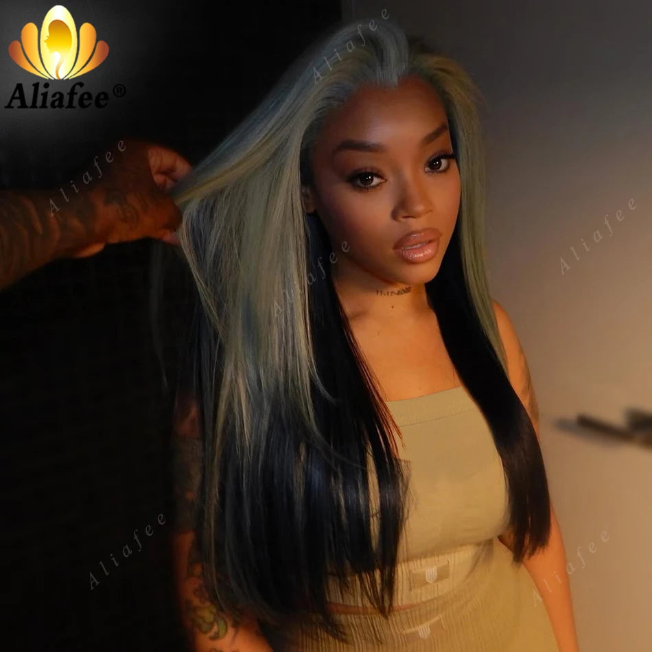 Gray with Dark Blue Straight 180% Density 13x6 Lace Frontal Wigs Human Hair for Women Ombre Colored 13x4 Straight Lace Front Wig