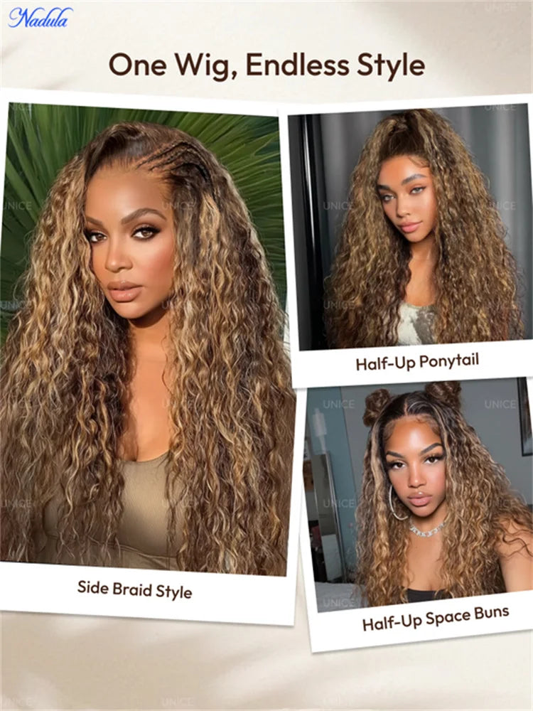 Nadula 13x4 Honey Blonde Highlights Glueless Wig Warm Soft Wet & Wavy Texture Lace Frontal Invisible Knots Put on and Go Wig